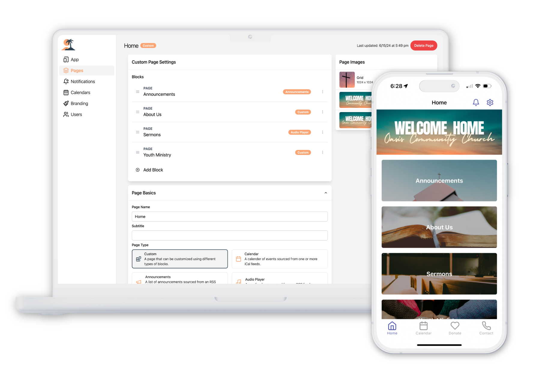 An Oasis app shown beside the dashboard used to manage its content